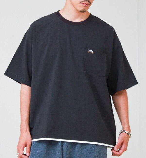 GLOSTER「【フレブル刺繍/セットアップ対応】カラミ織りTEE フェイクレイヤード」|Tシャツ・カットソー|チャコールグレー