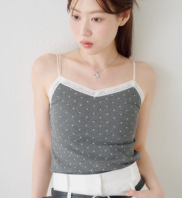 「【レース&無地】カップ付きレースドットキャミ」|キャミソール|