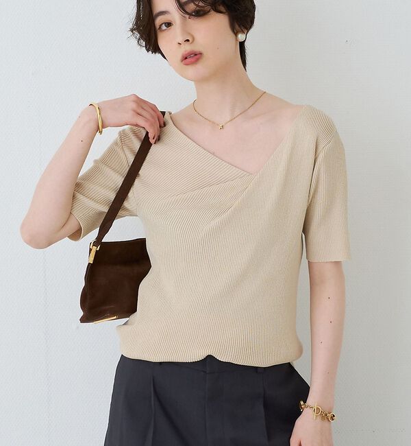 Rouge vif「【一部店舗 / WEB限定】ハーフスリーブドレープリブニット」|ニット・セーター|ベージュ