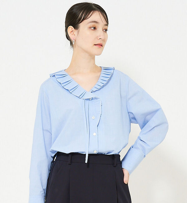 qualite「Vネックプリーツカラーブラウス」|シャツ・ブラウス|ブルー