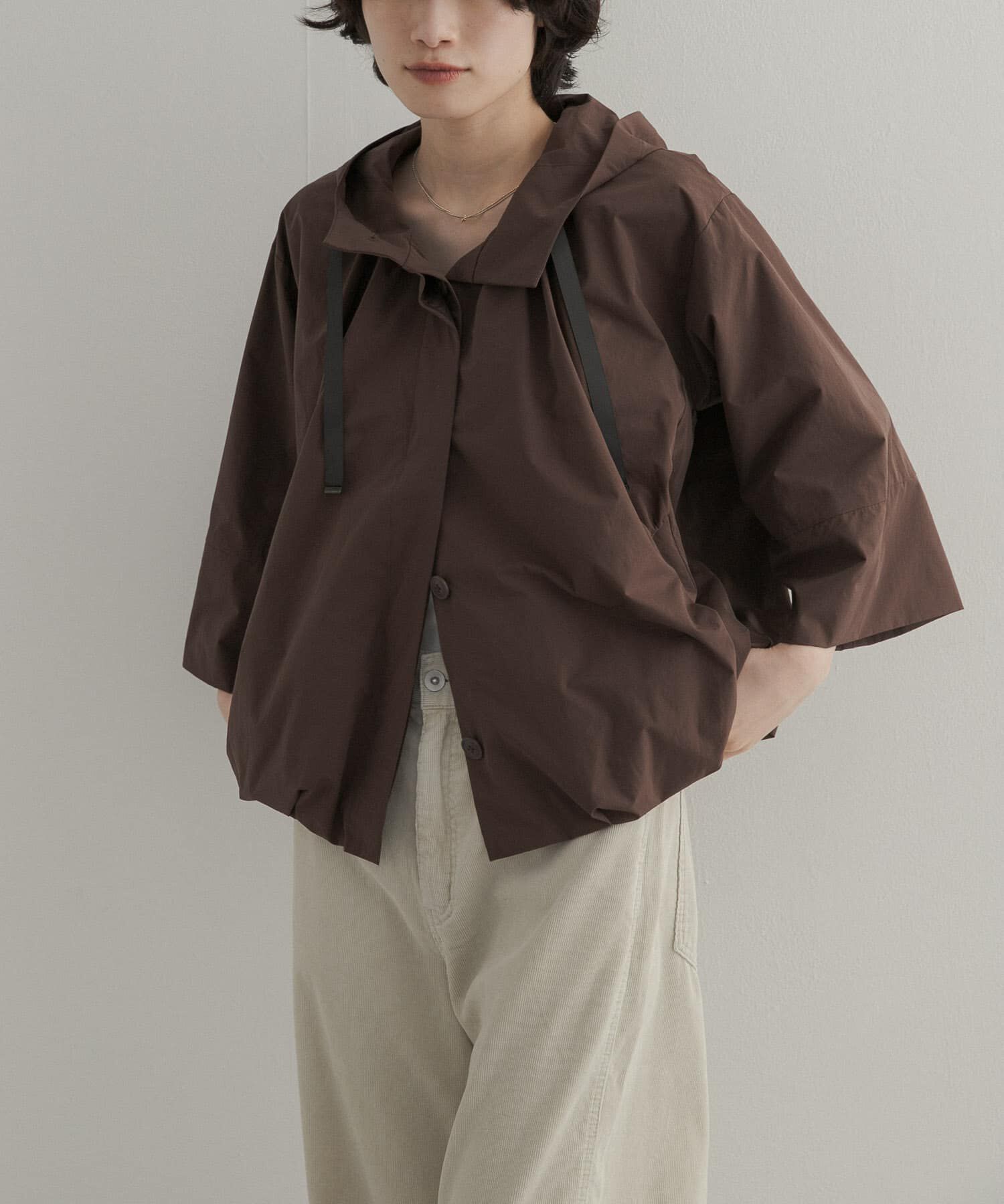 URBAN RESEARCH DOORS「バルーンフードジャケット」|ノーカラーコート|