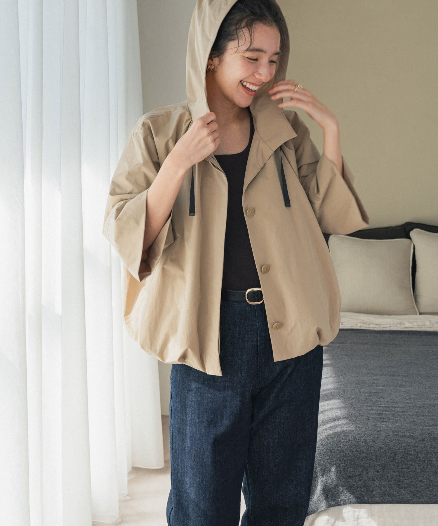 URBAN RESEARCH DOORS「バルーンフードジャケット」|ノーカラーコート|