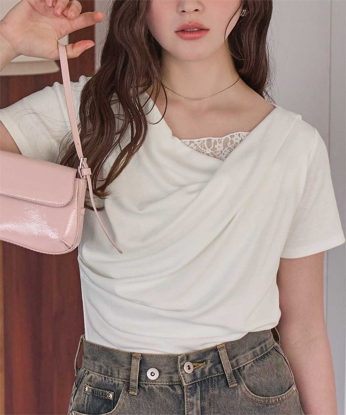 titivate「オフショルダーハーフスリーブレースドッキングTシャツ」|Tシャツ・カットソー|