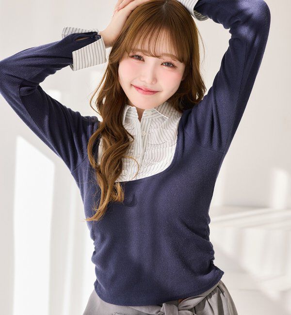  「ロゴ刺繍レイヤードトップス」|プルオーバー|ネイビー