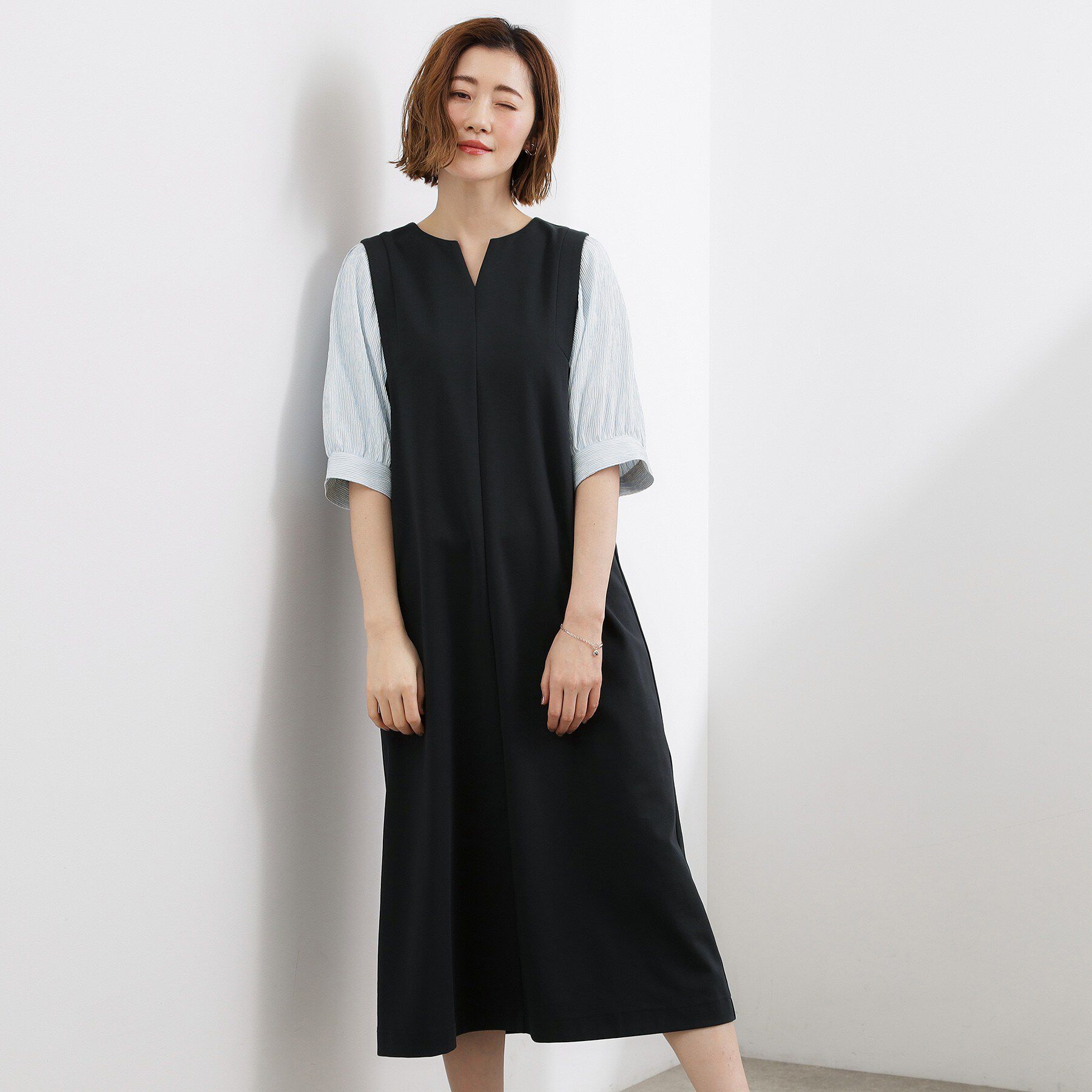 grove「高評価！【体型カバー/洗える】袖布帛ポンチワンピース」|ワンピース|
