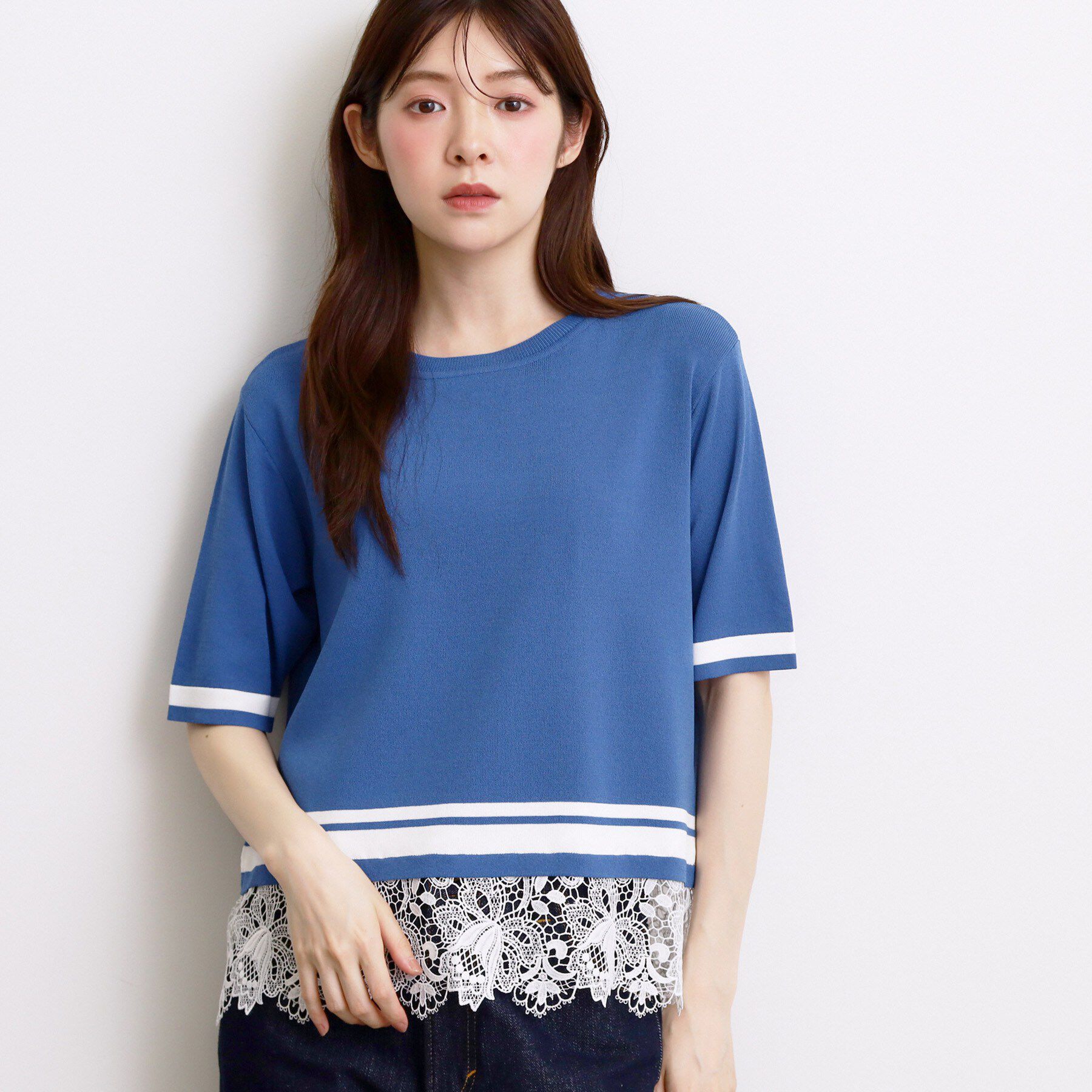 grove「【シリーズ累計36万枚／UVカット・ひんやり・洗濯機OK】やわらかドライタッチレースドッキングニット」|ニット・セーター|ブルー(092)