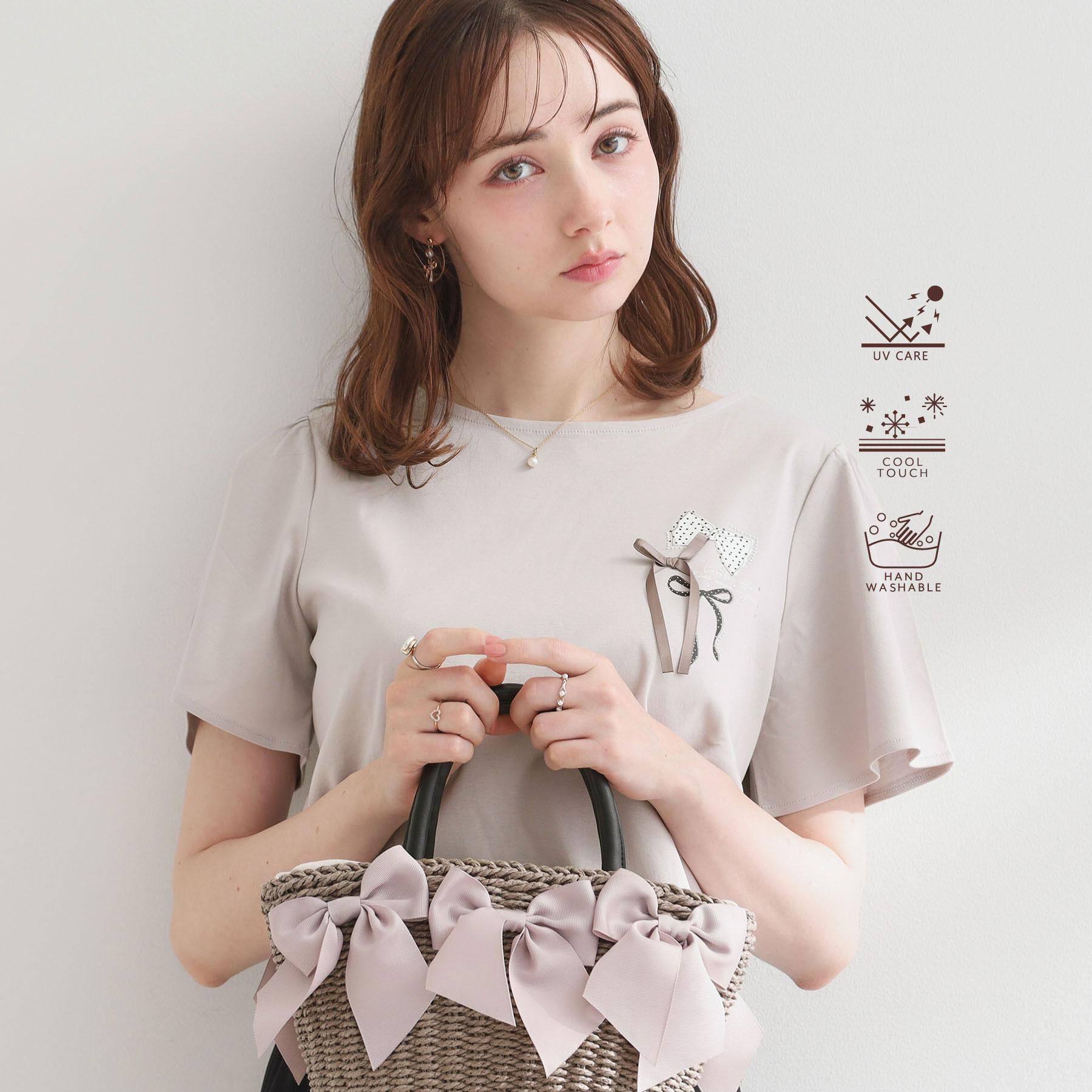 Couture broach「【接触冷感・UVカット・洗える】リボンプリントTシャツ」|Tシャツ・カットソー|ライトグレー(011