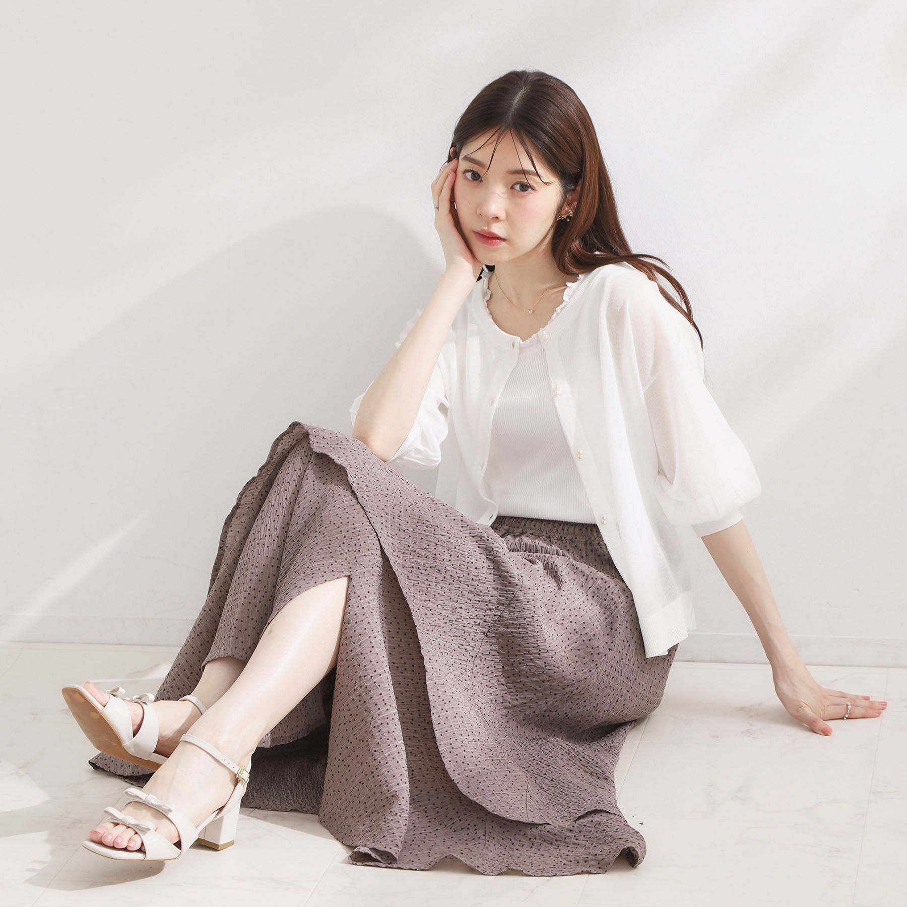 Couture broach「【前後2WAY・洗える】愛され5分袖シアーカーディガン」|カーディガン|