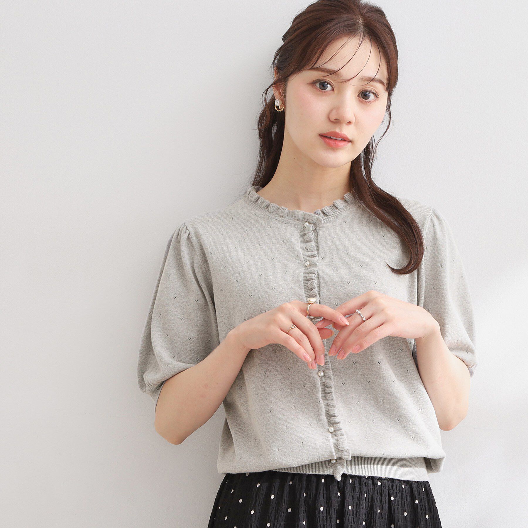 Couture broach「【洗える】透かし編み 半袖フリルカーデ」|カーディガン|