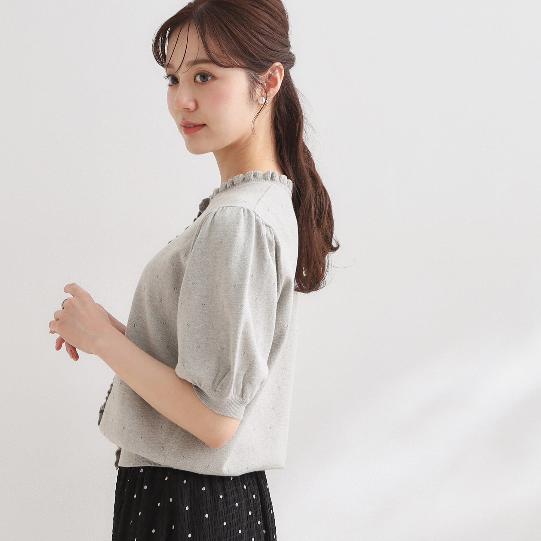Couture broach「【洗える】透かし編み 半袖フリルカーデ」|カーディガン|