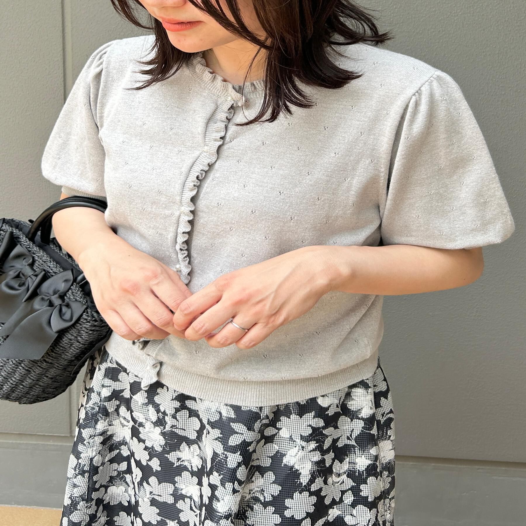 Couture broach「【洗える】透かし編み 半袖フリルカーデ」|カーディガン|