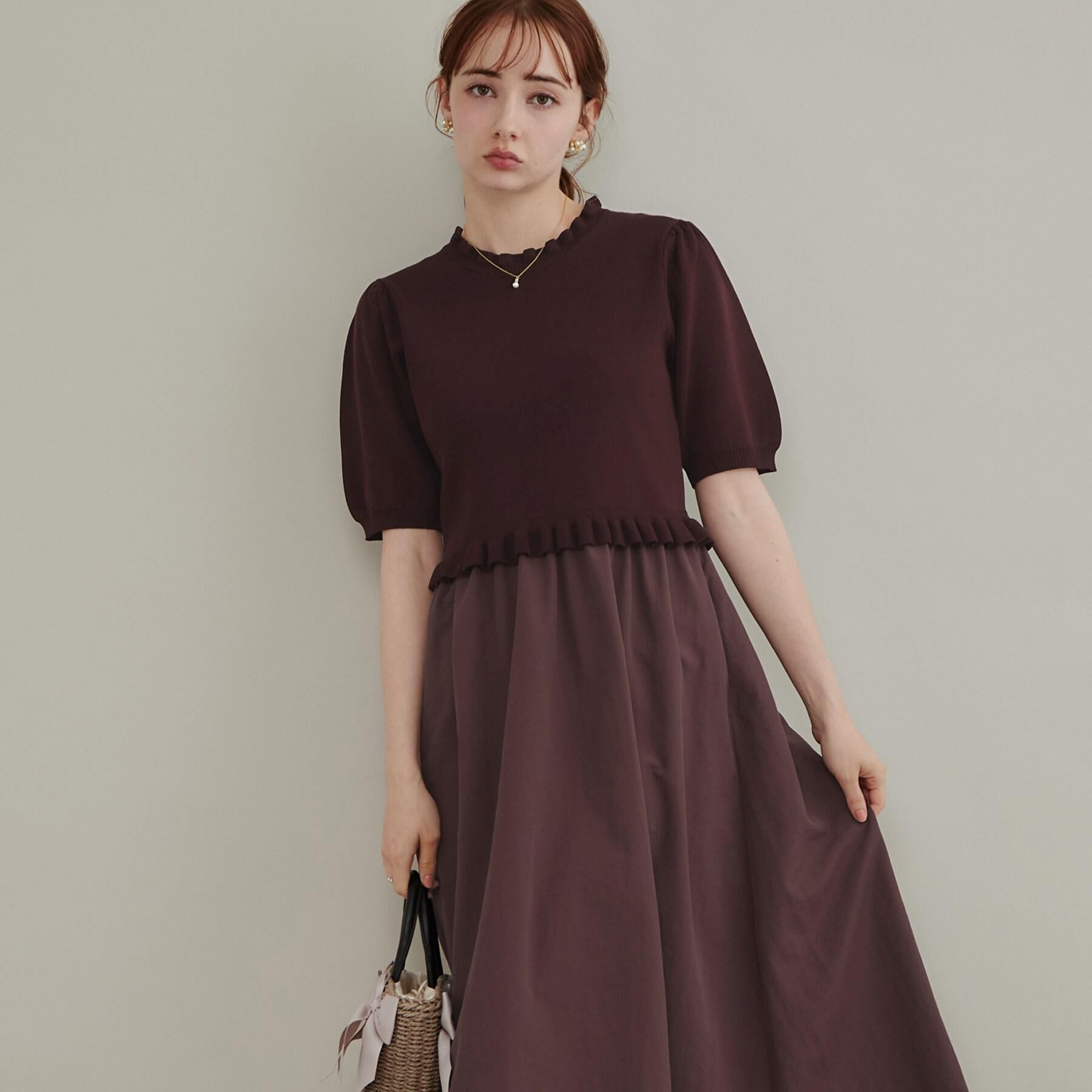 Couture broach「【ほんのり甘い】フリルニット ドッキングワンピース【洗濯機可】」|ワンピース|ボルドー(064)