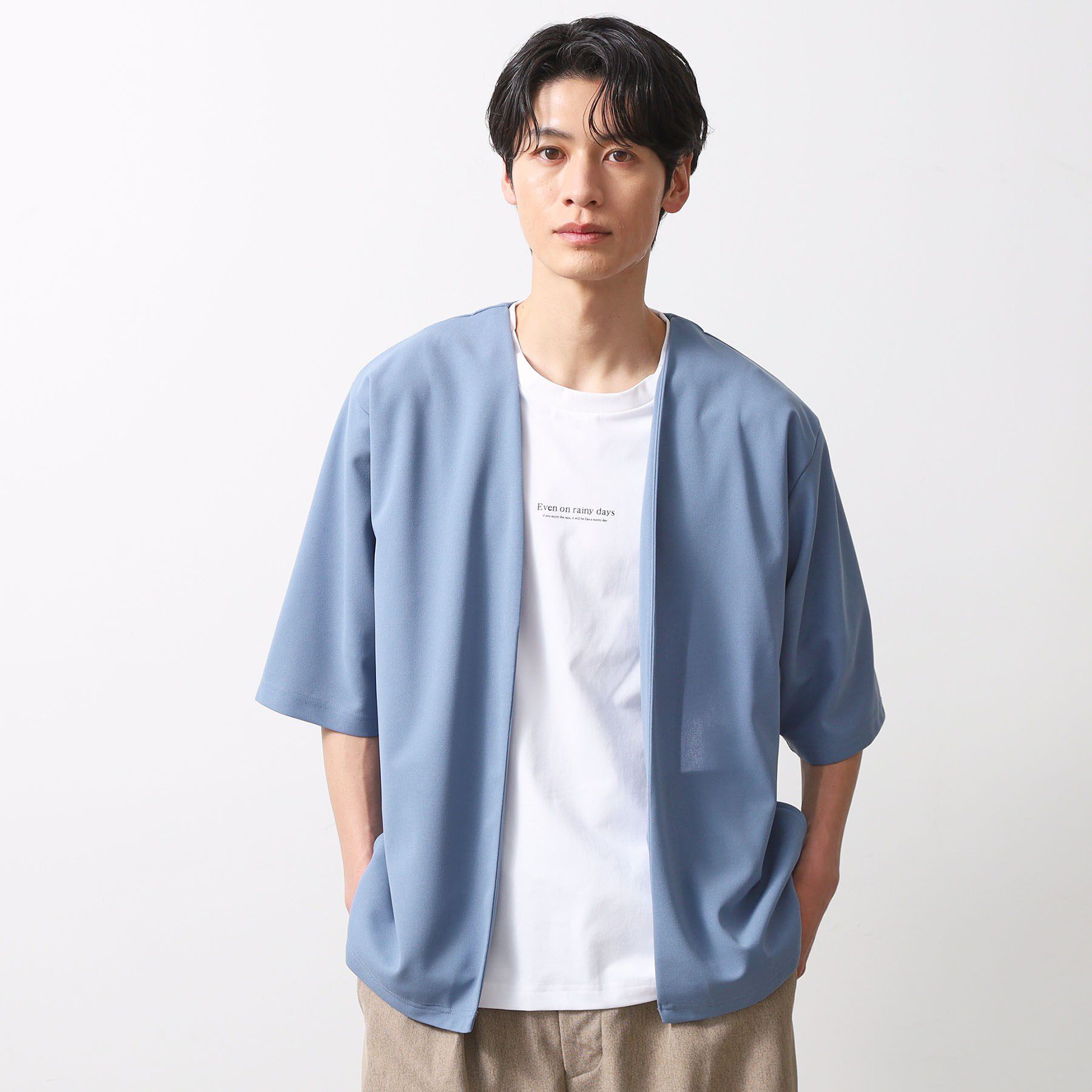 THE SHOP TK「五分袖カーディガン+半袖Tシャツセットアイテム 洗濯機OK」|カーディガン|ブルー(091)