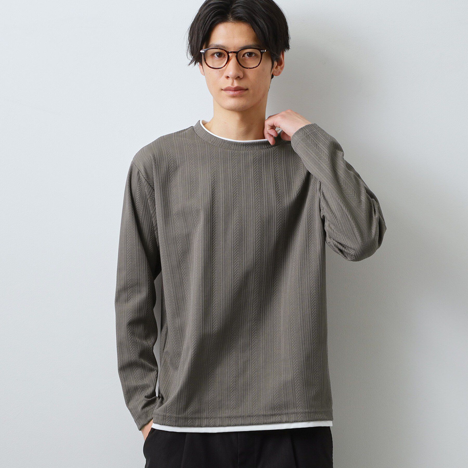 THE SHOP TK「【程よく品のある着こなし】ジャカード フェイクレイヤード長袖Tシャツ 洗濯機OK」|Tシャツ・カットソー|