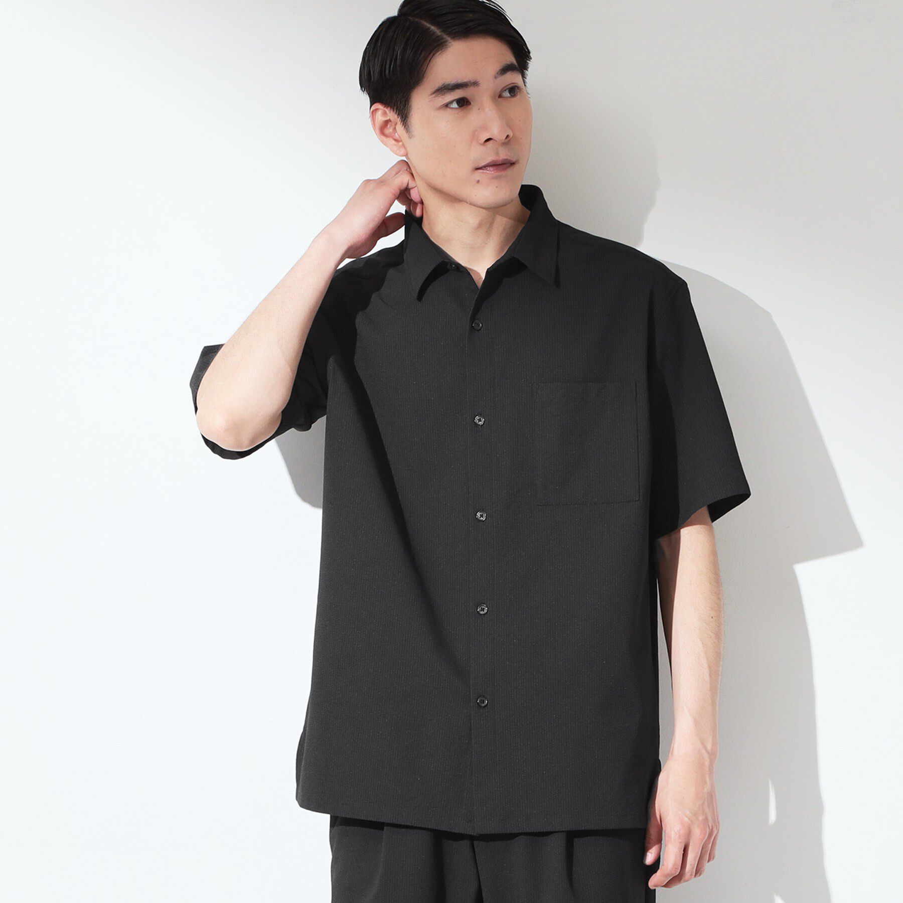 THE SHOP TK「マイクロ シアサッカー 半袖シャツ 洗濯機OK／セットアップ可」|シャツ・ブラウス|ブラック(019)