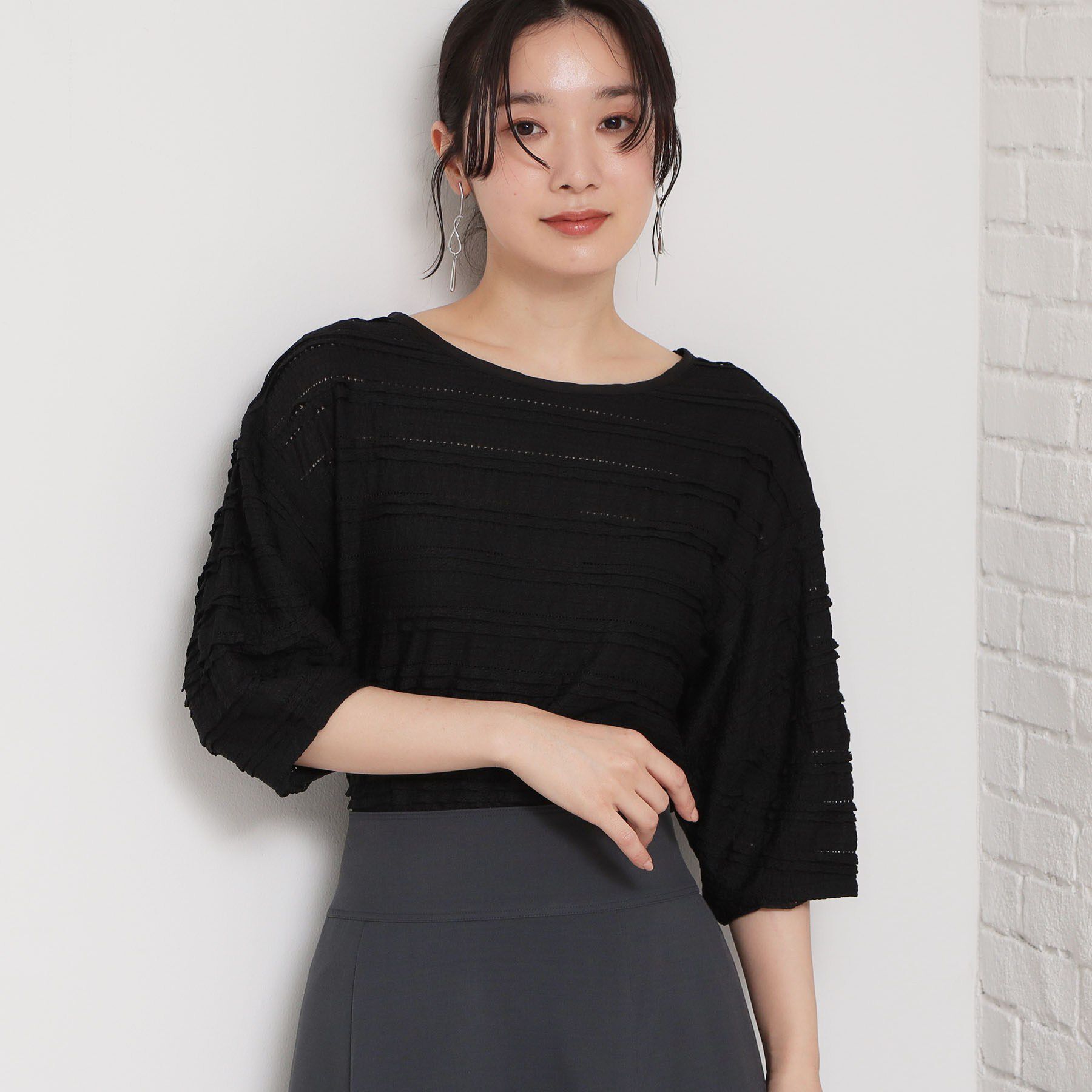 THE SHOP TK「【1枚で美人見え】 フリルレースボーダートップス」|Tシャツ・カットソー|ブラック(019)