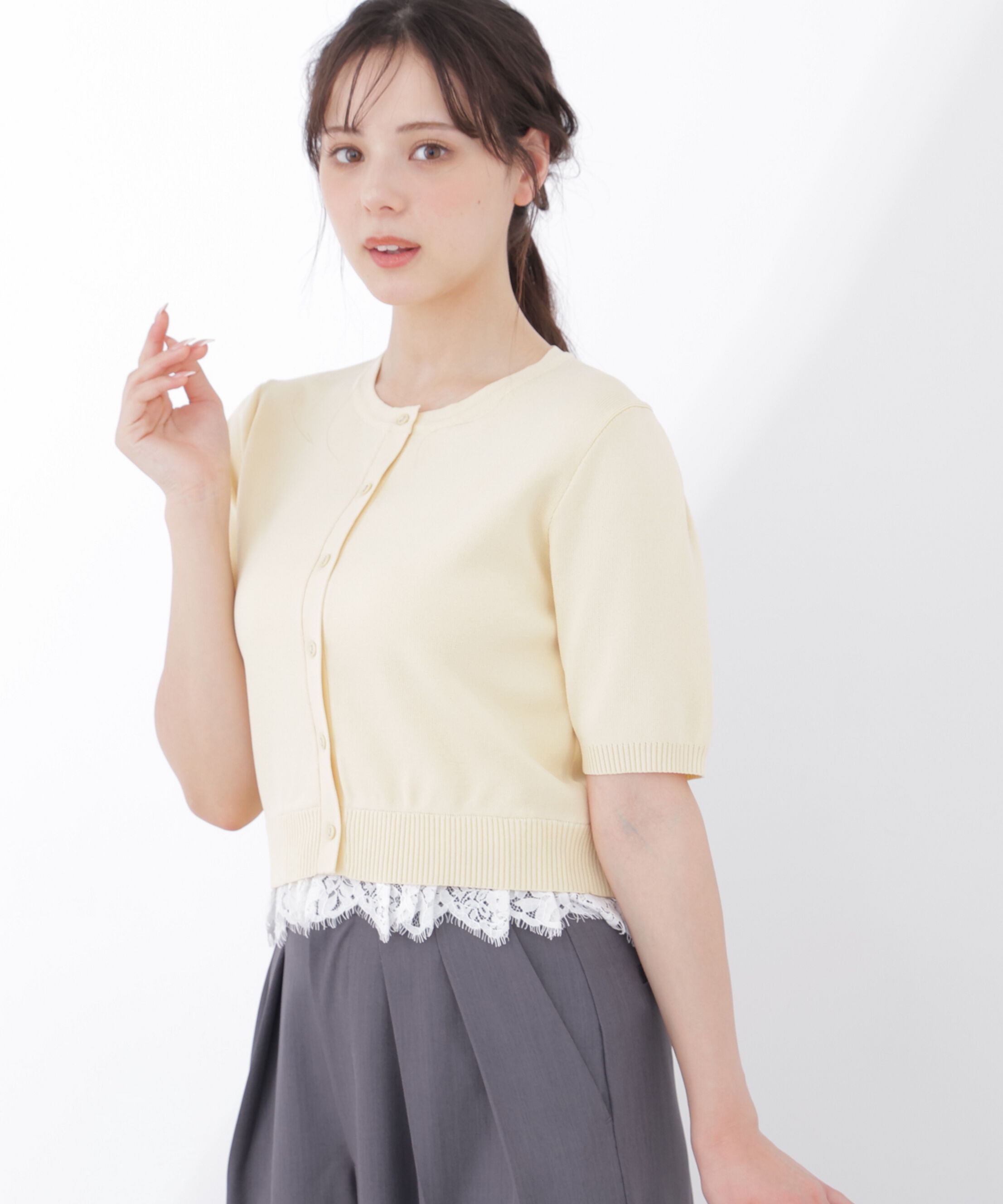 PROPORTION BODY DRESSING「レーストリムショートカーディガン」|カーディガン|