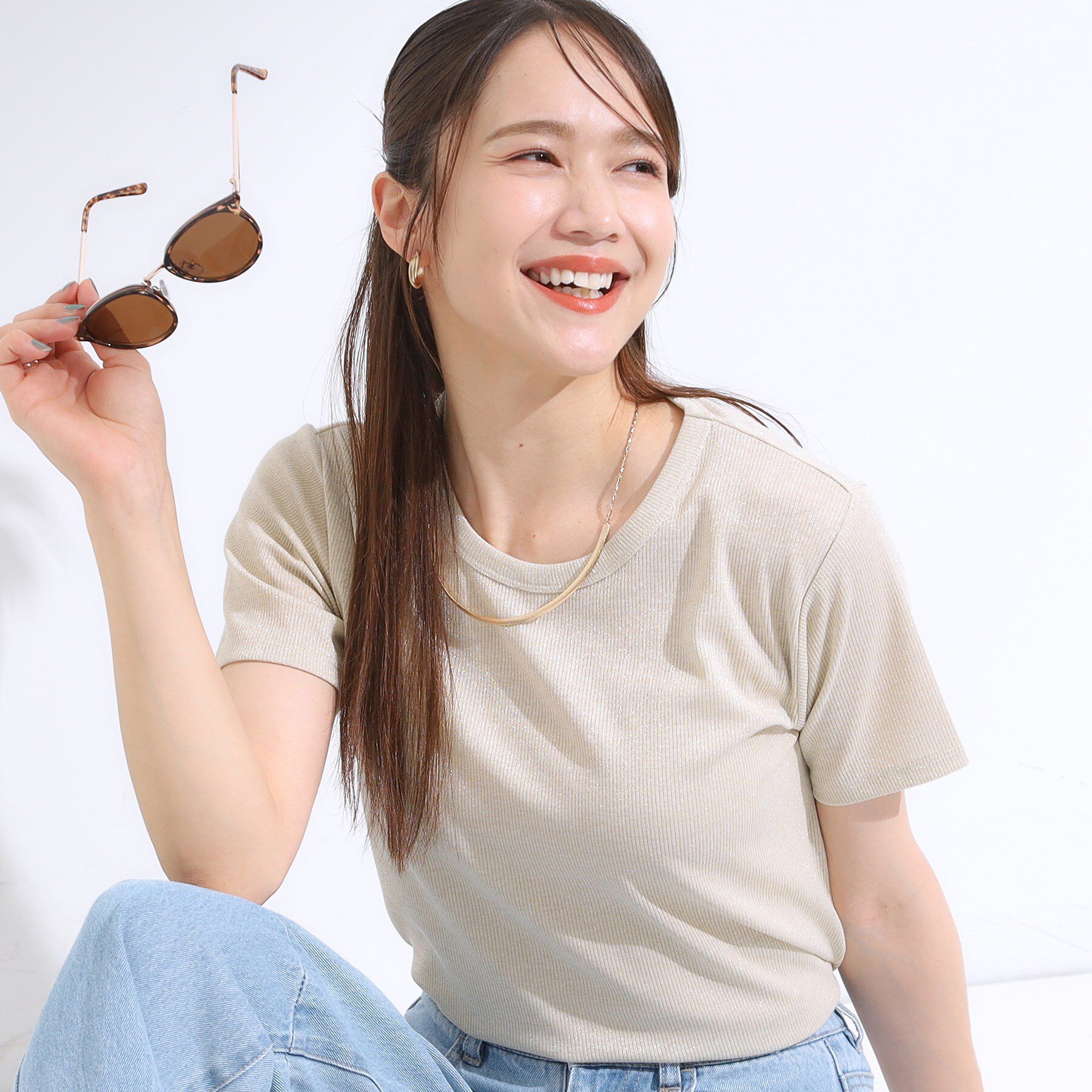 SHOO･LA･RUE「【S-LL】大人のラメ感 テレコ半袖トップス」|Tシャツ・カットソー|ゴールド(007)