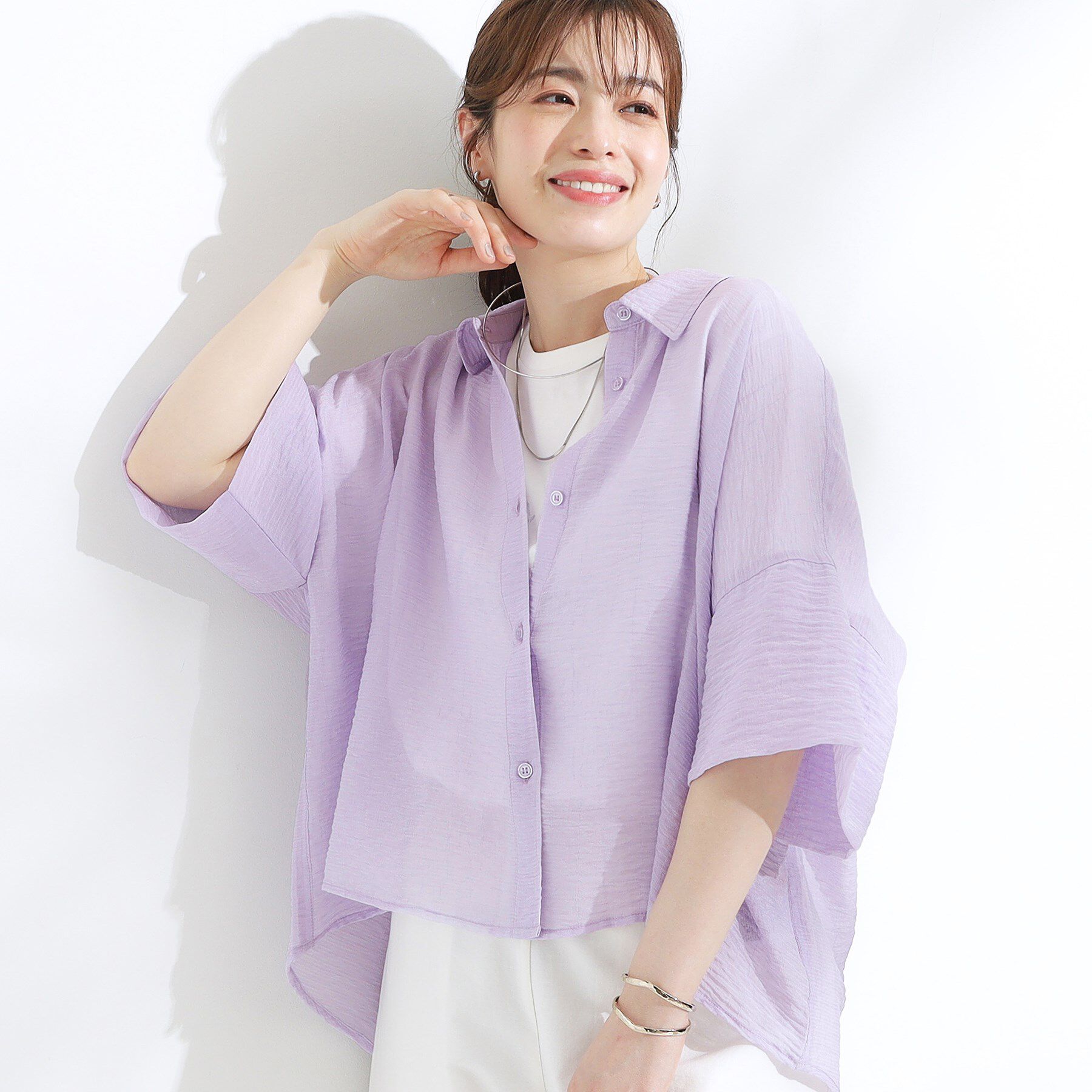 SHOO･LA･RUE「ゆるっと感がこなれ見え ワッシャーシアー半袖シャツ」|シャツ・ブラウス|ラベンダー(080)