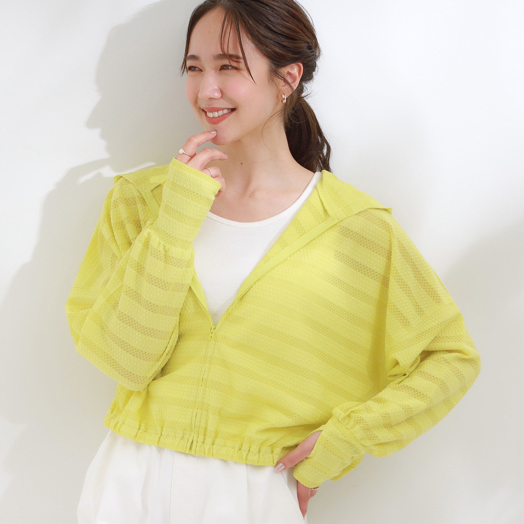 SHOO･LA･RUE「【UV/水陸両用】手の甲まで隠れる レースボーダー ラッシュガードパーカ」|カーディガン|イエロー(031)