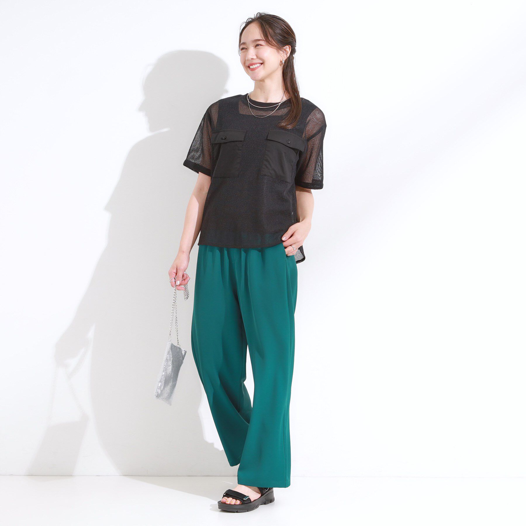 SHOO･LA･RUE「【S-LL】メッシュ素材で大人ヘルシー ポケット付きデザイントップス」|Tシャツ・カットソー|