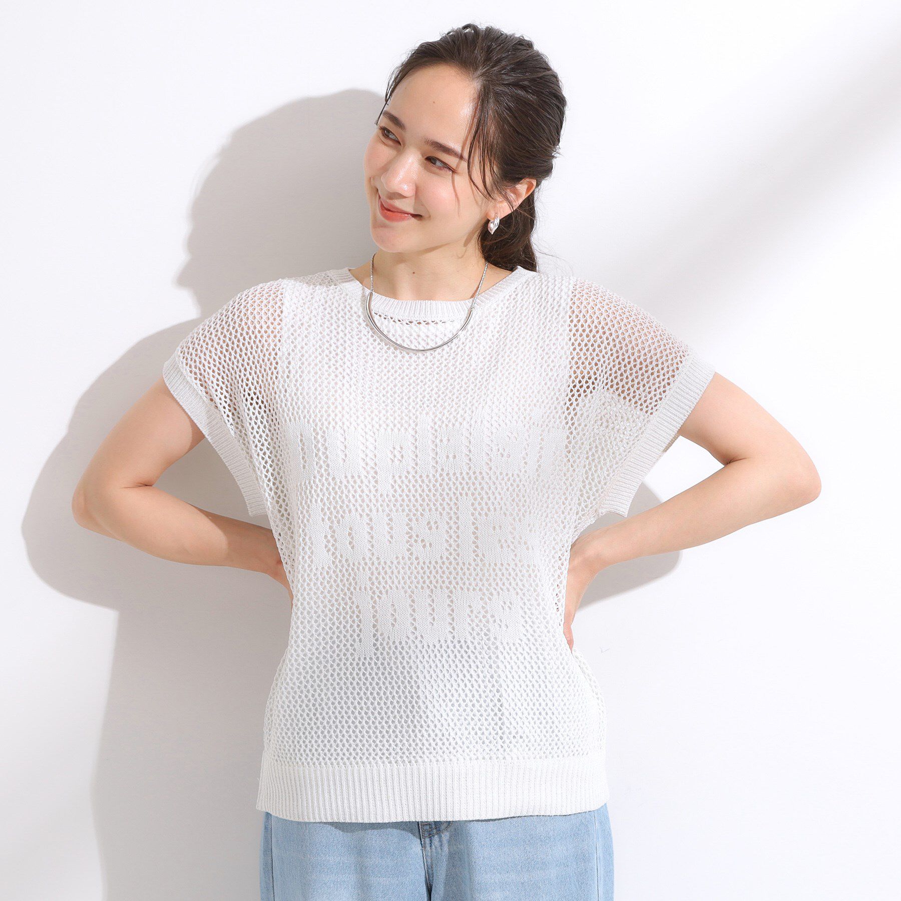 SHOO･LA･RUE「【2点セット/S-LL】キラリと光るラメがポイント メッシュロゴニット+タンクトップ」|その他|