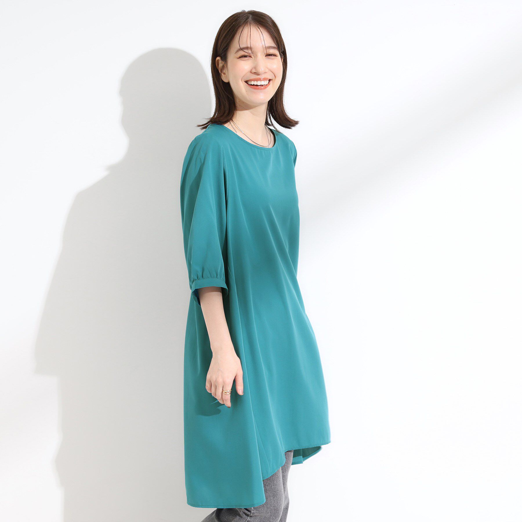 SHOO･LA･RUE「【S-LL/洗濯後しわになりにくい/UV/6分袖】コットン風 Aラインチュニックワンピース」|チュニック|