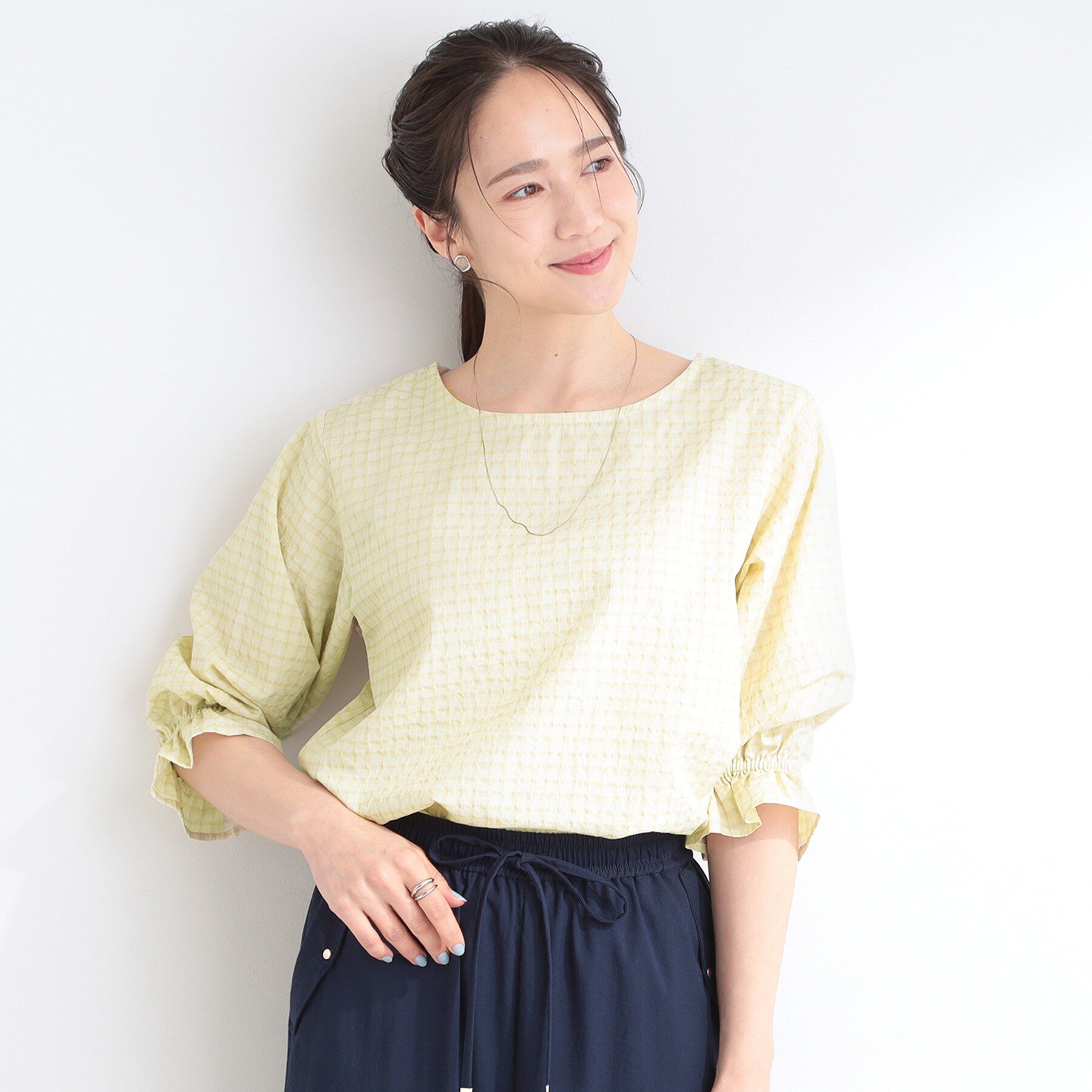 SHOO･LA･RUE「【セットアップ可/洗濯機可】上品チェックが好印象 ゆるさら6分袖ブラウス」|シャツ・ブラウス|