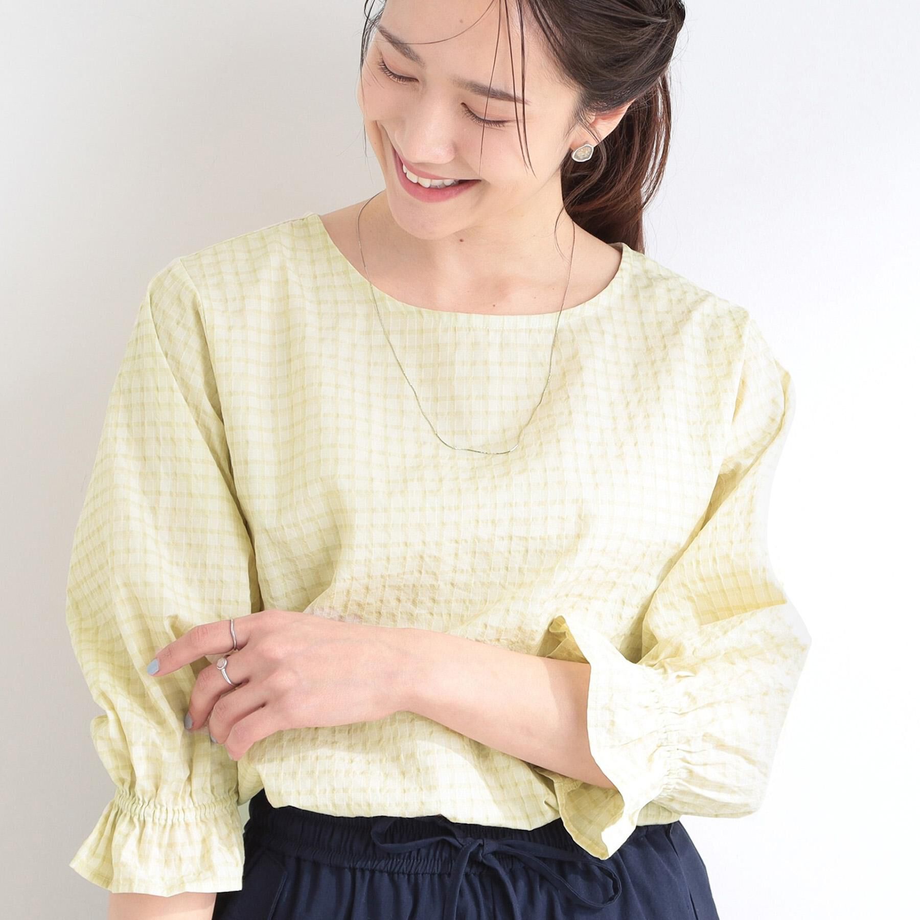 SHOO･LA･RUE「【セットアップ可/洗濯機可】上品チェックが好印象 ゆるさら6分袖ブラウス」|シャツ・ブラウス|イエロー(231)