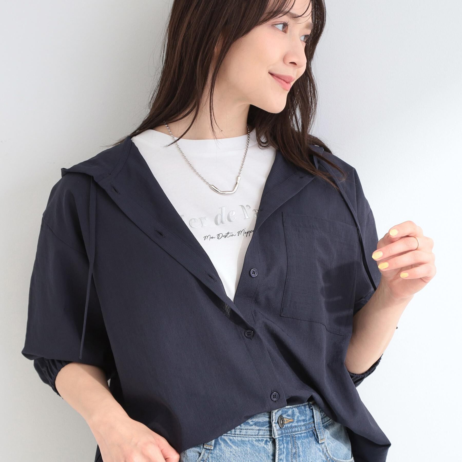 SHOO･LA･RUE「【通気性〇/洗濯機可/S-LL】UVカット機能付き ライトな着心地 ひんやりシャツパーカ」|シャツ・ブラウス|ネイビー(094)