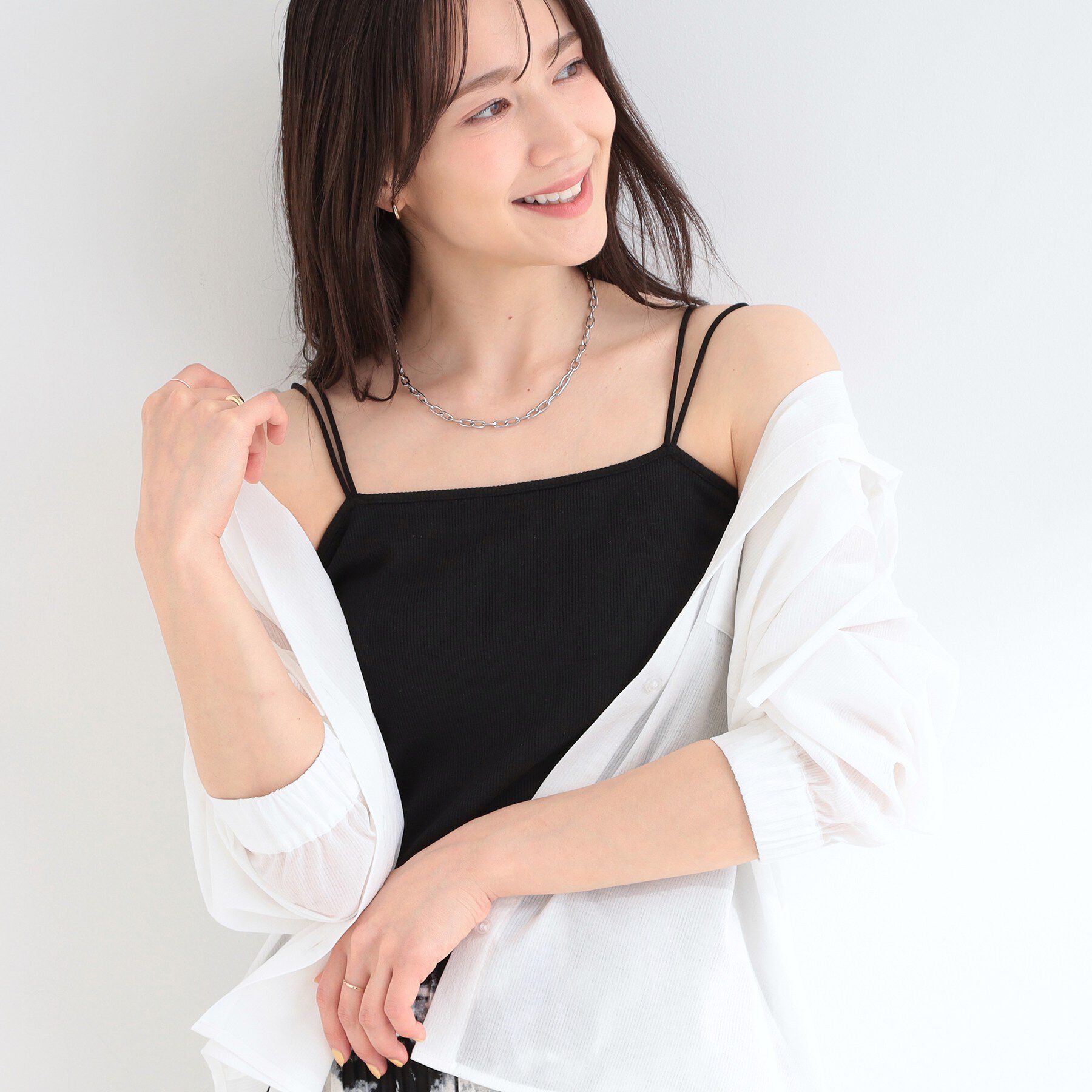 SHOO･LA･RUE「【洗濯機可/S-LL】カップ付き Wストラップ テレコキャミソール」|キャミソール|ブラック(019)