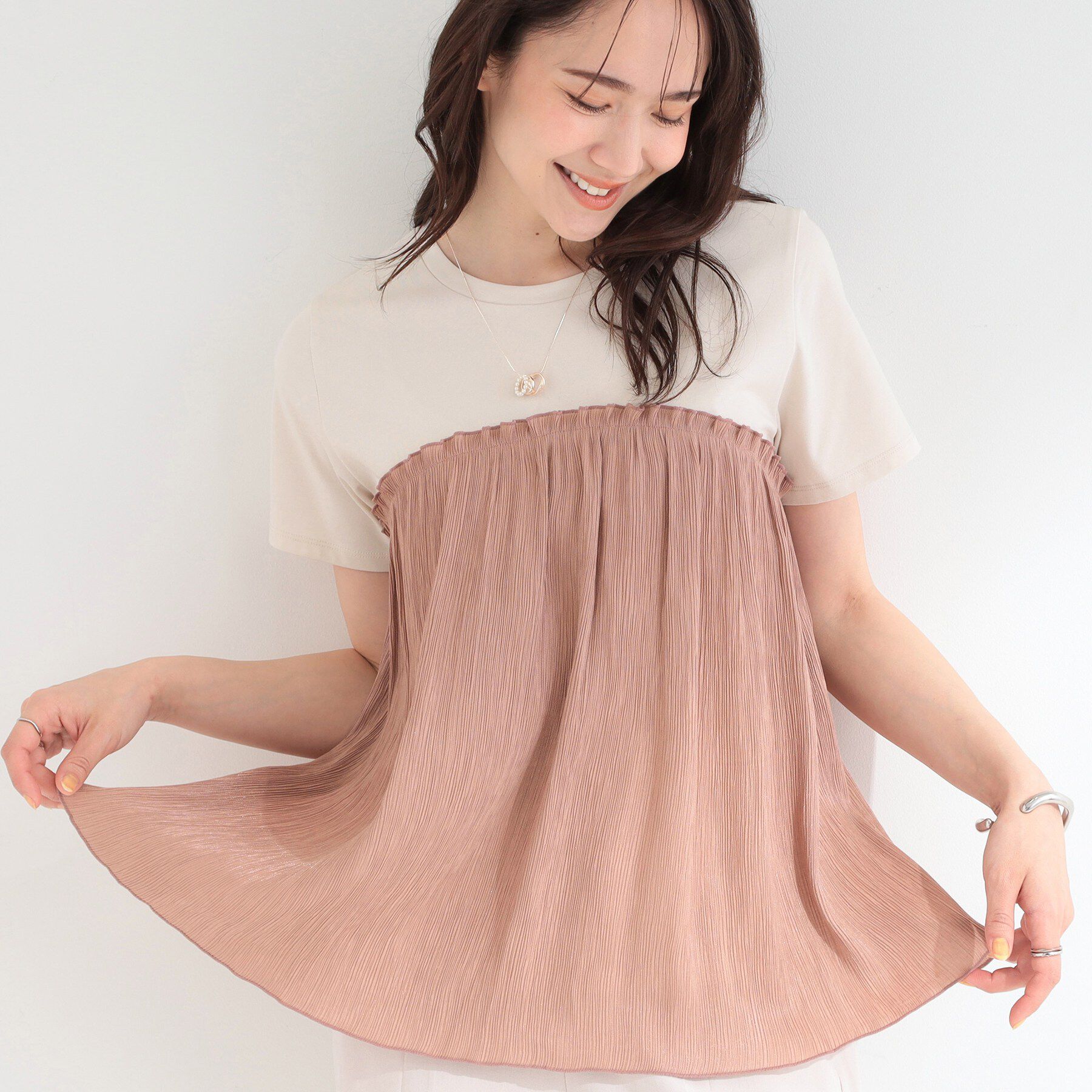 SHOO･LA･RUE「【ひんやり】1枚でインせず決まる きらきらビスチェ風Tシャツ」|Tシャツ・カットソー|オレンジ(065)