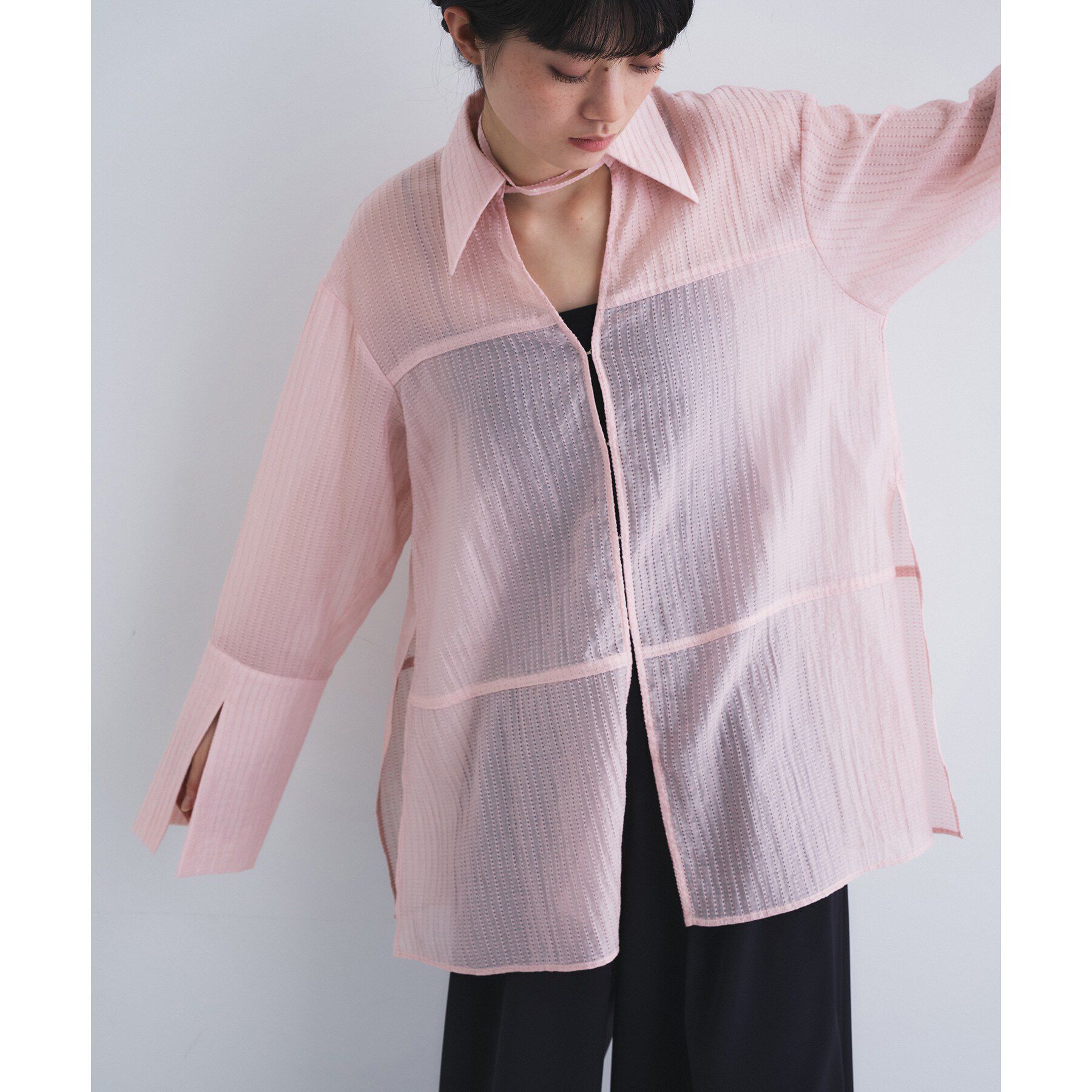 CODE A「point neck ribbon shirts」|シャツ・ブラウス|ライトピンク(070