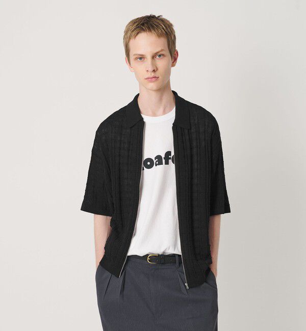 BEAUTY&YOUTH UNITED ARROWS「ジャガード フルジップ ショートスリーブ ポロニット ウォッシャブル」|カーディガン|BLACK