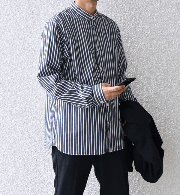 SHIPS any「SHIPS any:〈洗濯機可能〉ストライプ / ソリッド リラックス バンドカラー シャツ 26AW◆」|シャツ・ブラウス|ネイビー