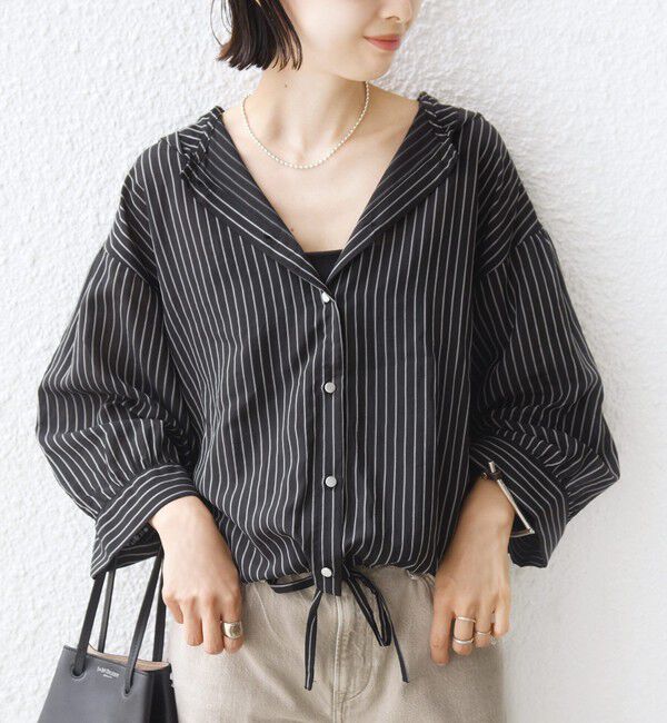 SHIPS for women「【WEB限定】〈手洗い可能〉シアー ストライプ フード 羽織り シャツ」|シャツ・ブラウス|ブラック