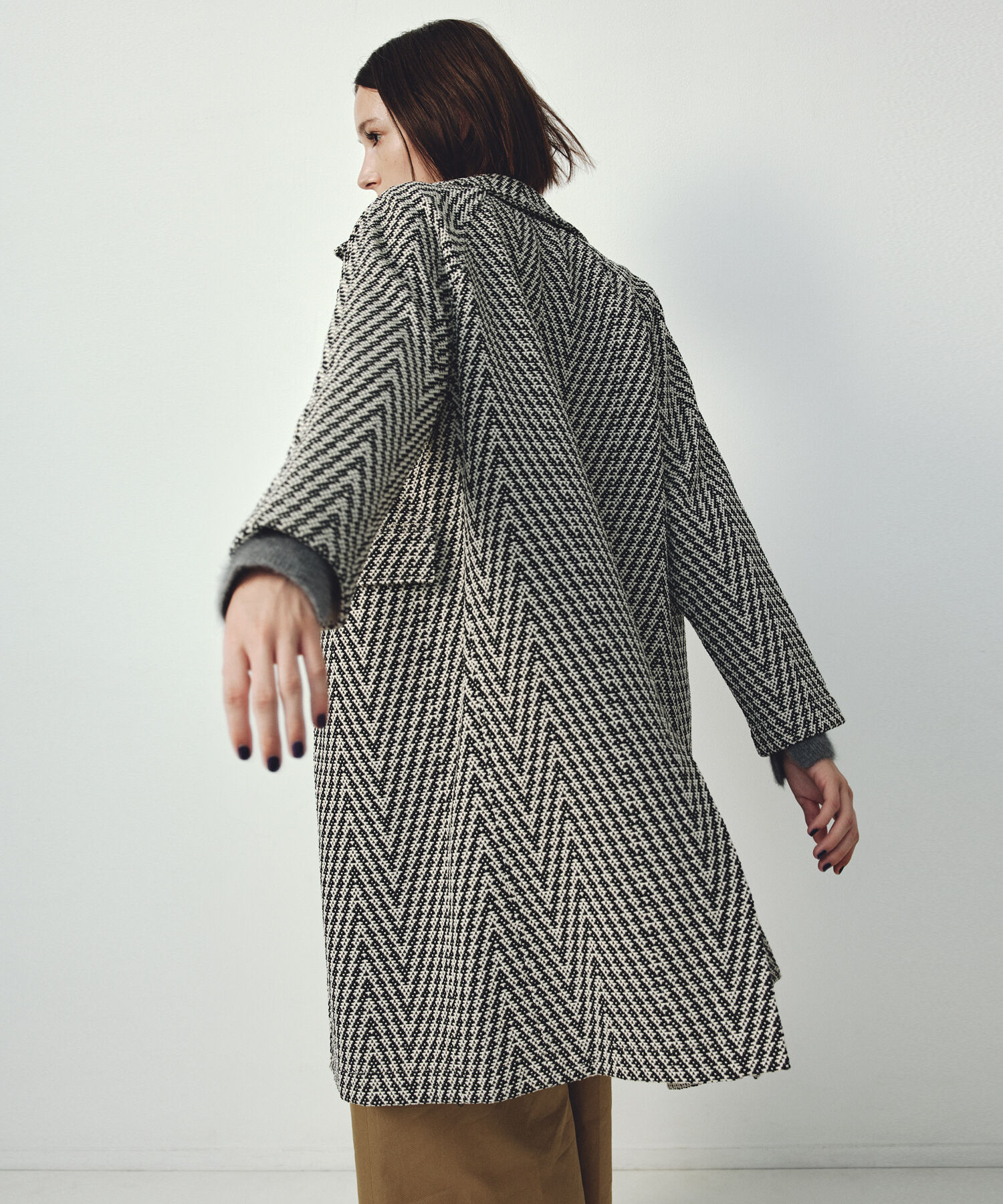 ROPE「【COOHEM】HERRINGBONE TWEED COAT(コーヘン/ヘリンボーンツイードコート)」|ノーカラージャケット|ブラック系(02)