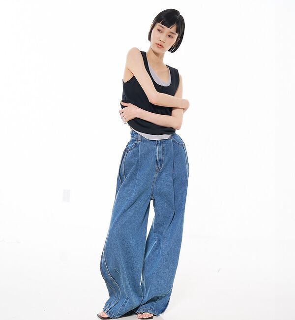 NOMINE「サイドライン タック ワイド ハイウエスト デニムパンツ」|デニム|