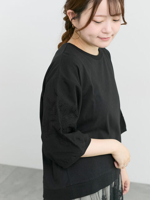 Samansa Mos2「袖カットワークプルオーバー」|Tシャツ・カットソー|ブラック