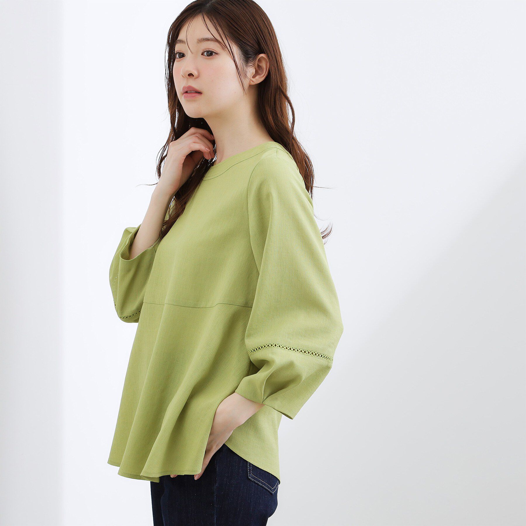 grove「【UVカット・体型カバーも叶う】麻調メッシュランタンスリーブブラウス」|シャツ・ブラウス|ピスタチオ(021)