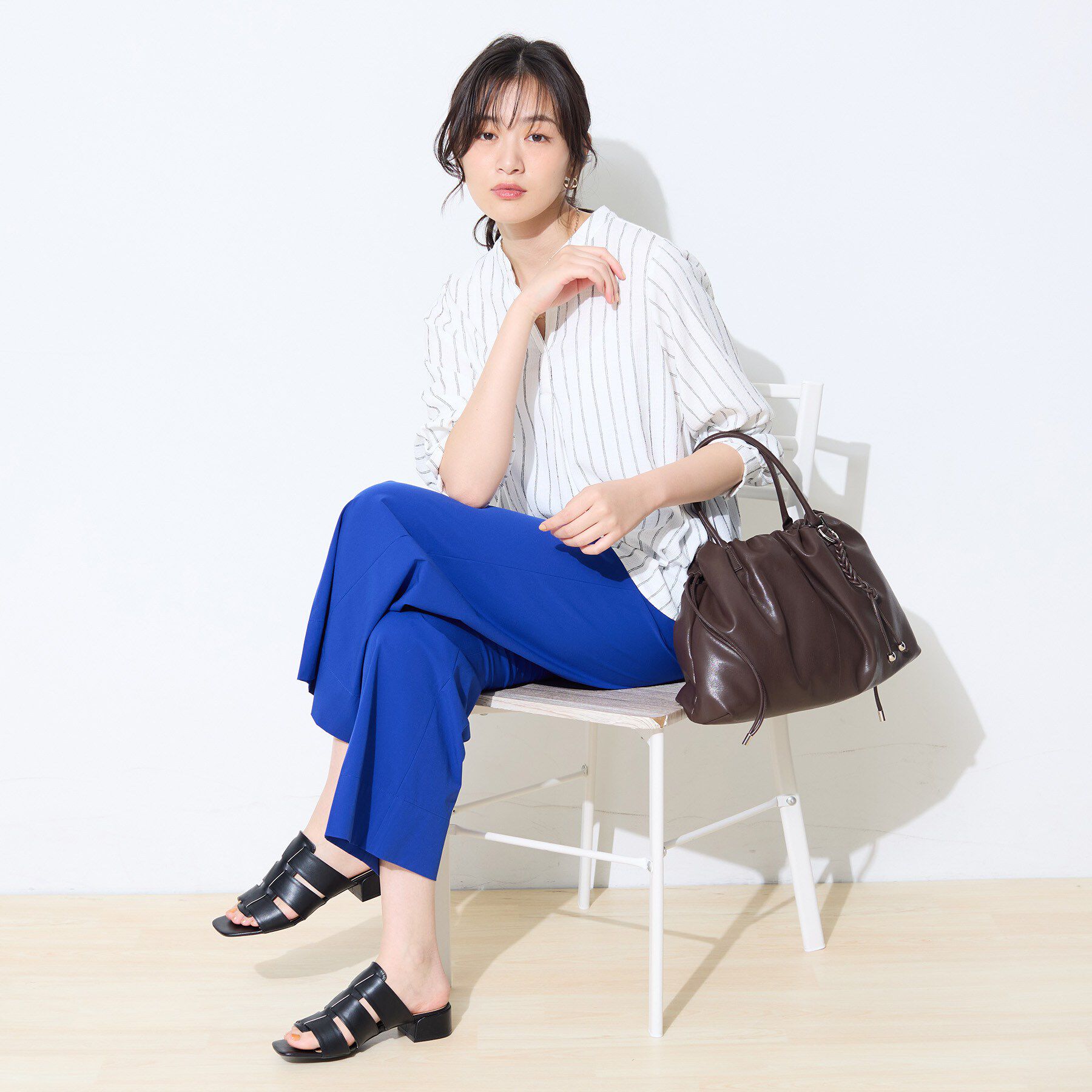 INDIVI「【洗える／着心地楽ちん】ブラウス風ストライプカットソートップス」|Tシャツ・カットソー|
