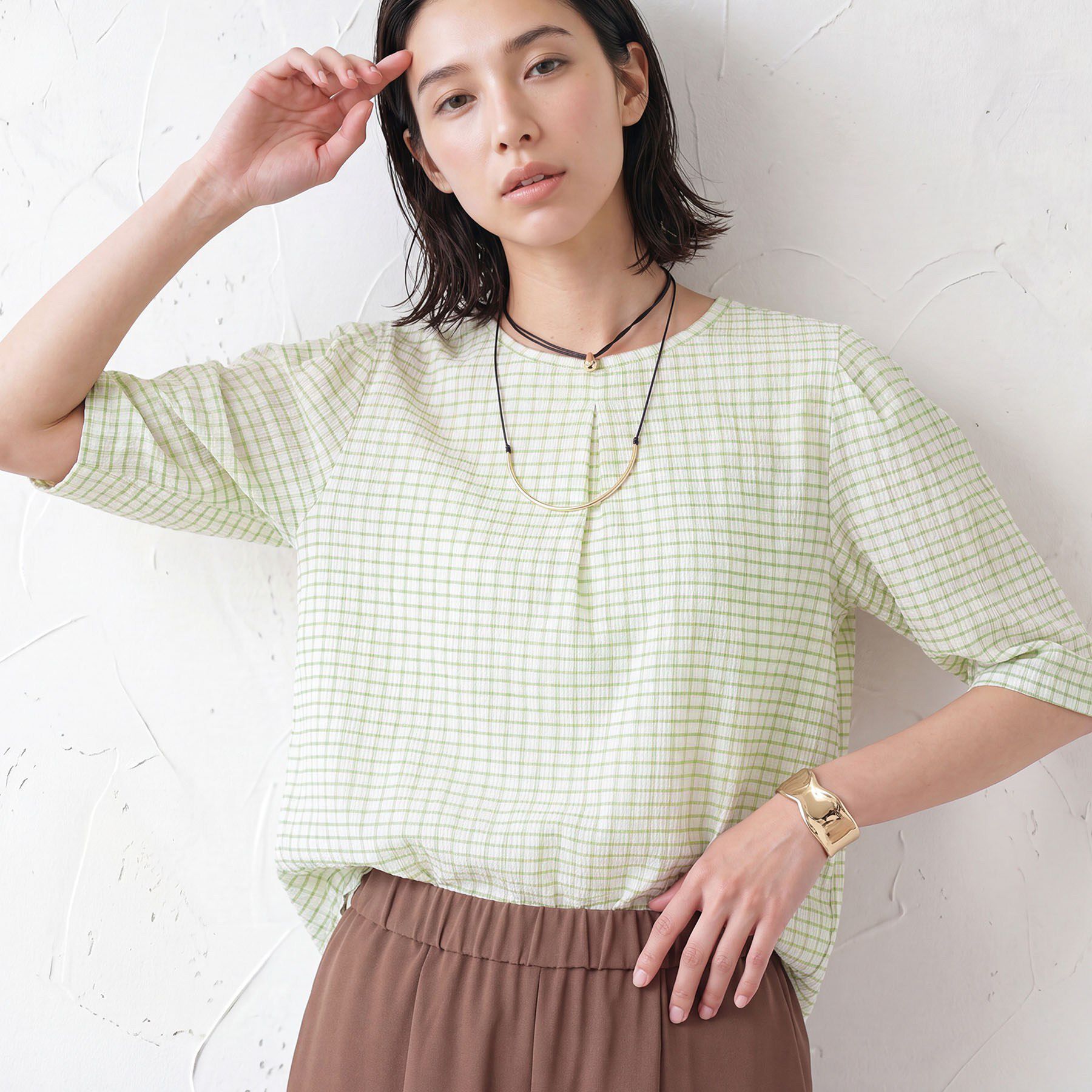 INDIVI「【UVケア／吸汗速乾】チェック柄タックボリュームスリーブトップス」|Tシャツ・カットソー|グリーン(225)