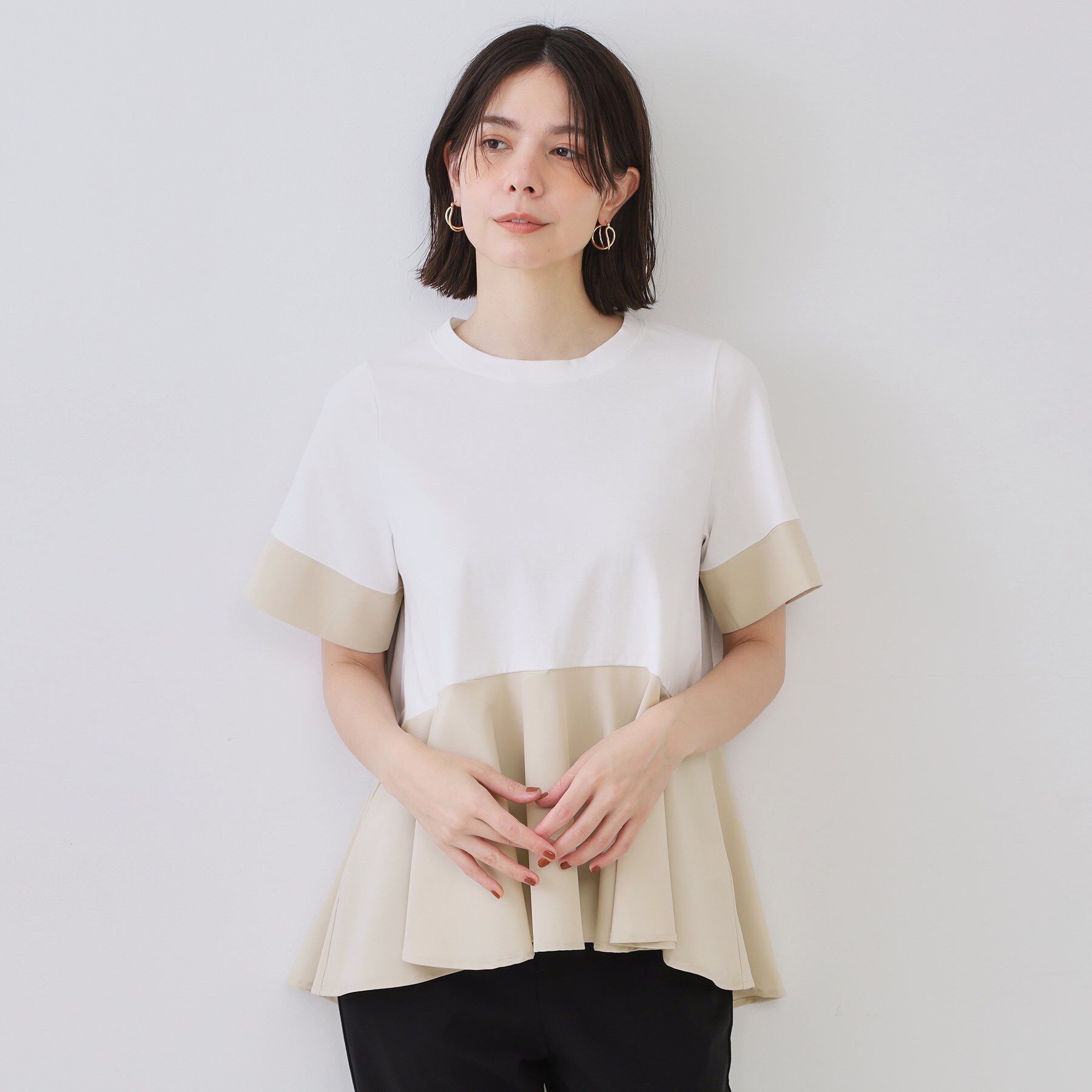 OPAQUE.CLIP「配色フハクドッキングペプラムトップス【洗濯機洗い可／抗ピル】」|Tシャツ・カットソー|