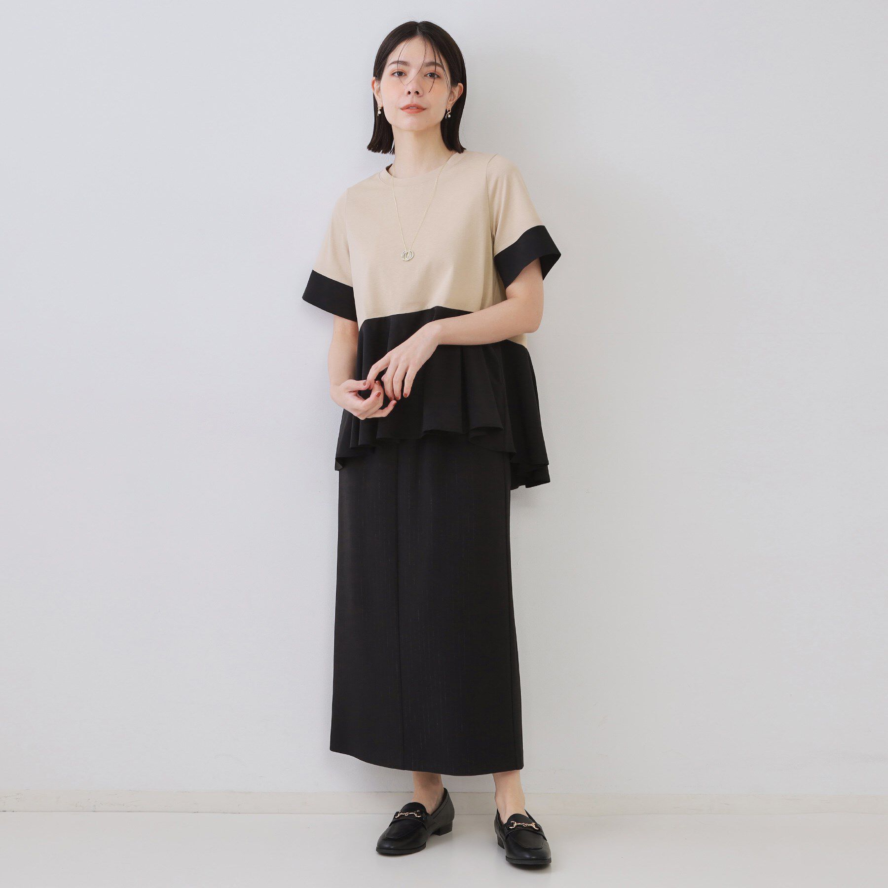 OPAQUE.CLIP「配色フハクドッキングペプラムトップス【洗濯機洗い可／抗ピル】」|Tシャツ・カットソー|