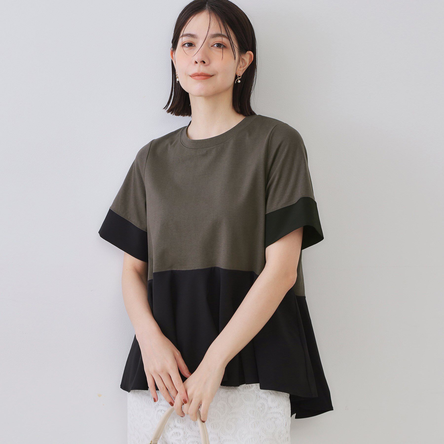 OPAQUE.CLIP「配色フハクドッキングペプラムトップス【洗濯機洗い可／抗ピル】」|Tシャツ・カットソー|チャコールグレー(5
