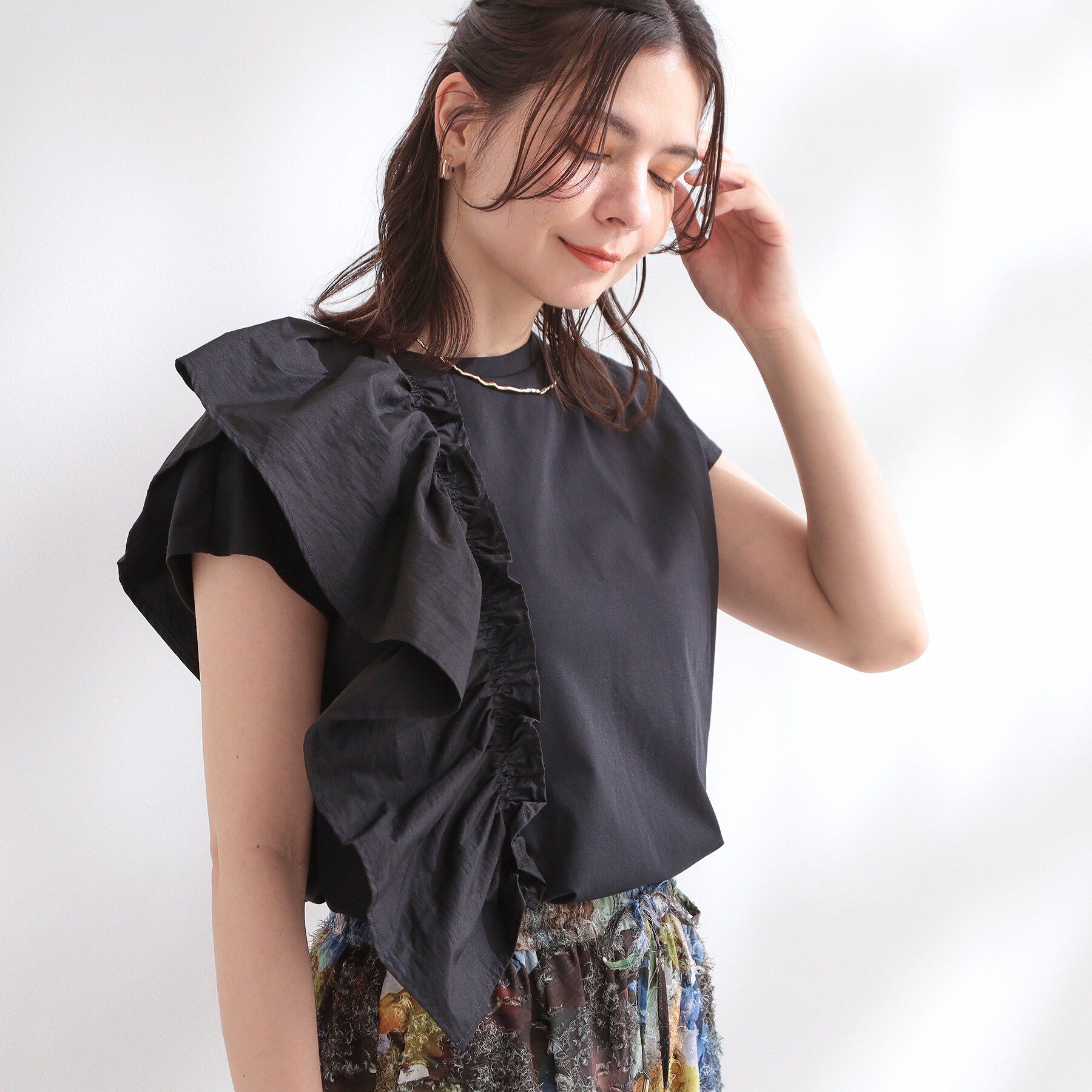 OPAQUE.CLIP「【UVケア／接触冷感】アシメフリルドッキングカットソー《洗濯機OK》」|Tシャツ・カットソー|