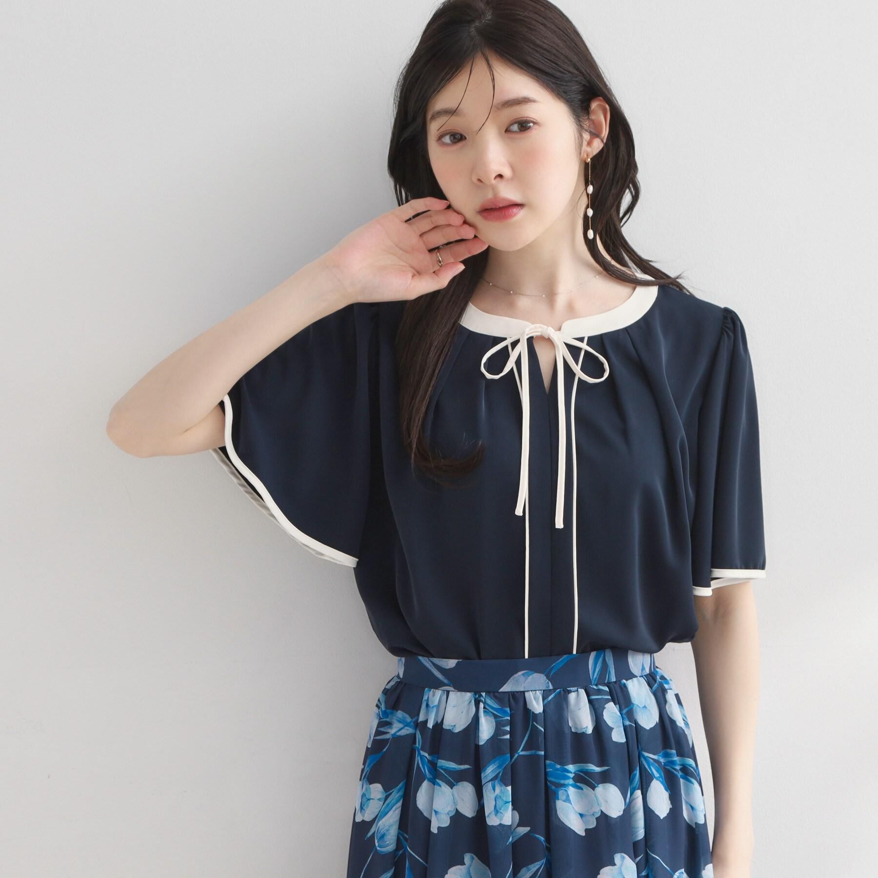 Couture broach「【洗濯機可】配色パイピング ブラウス」|シャツ・ブラウス|ネイビー(594)