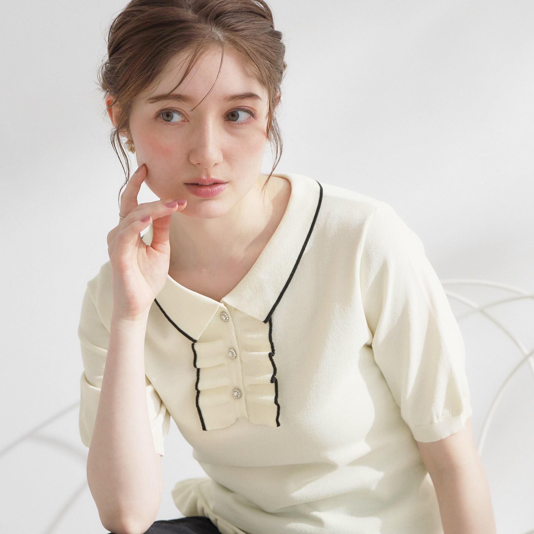 Couture broach「【洗える】フリル ポロ衿ニット」|ニット・セーター|オフホワイト(503
