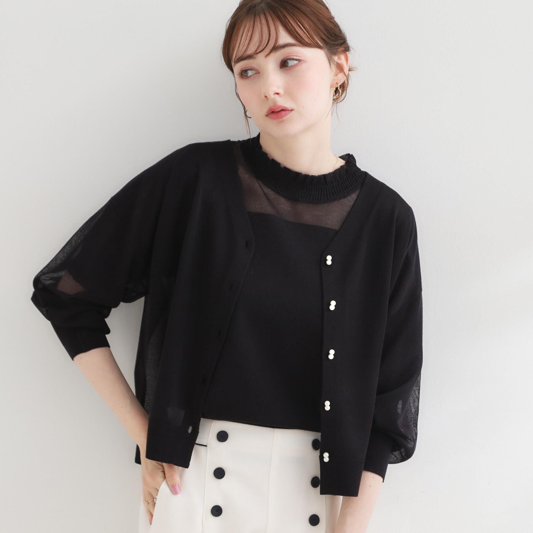 Couture broach「【洗える・パール調釦】愛されシアーカーディガン」|カーディガン|