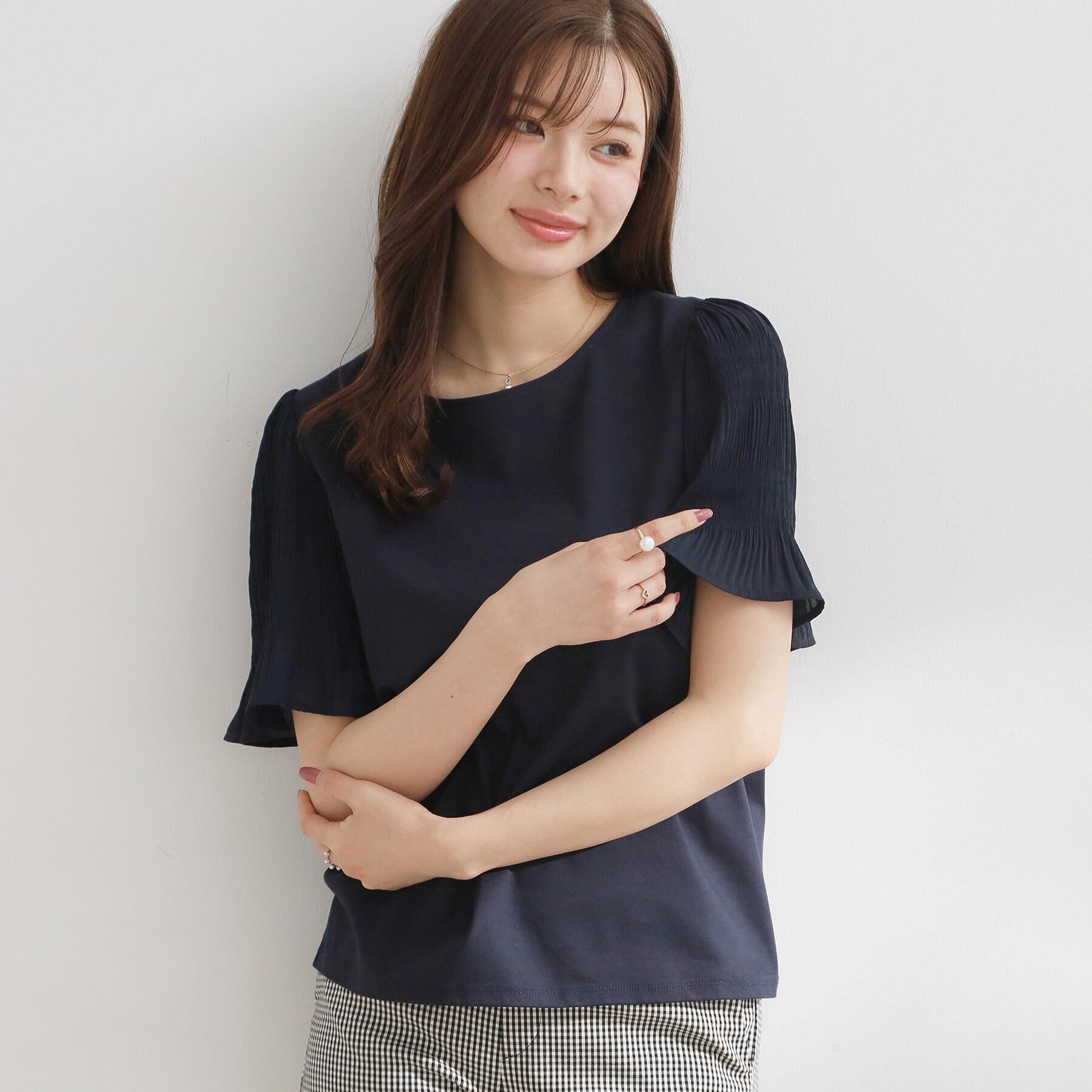 Couture broach「【接触冷感・UVカット・洗える】マジョリカプリーツ スリーブ トップス」|Tシャツ・カットソー|